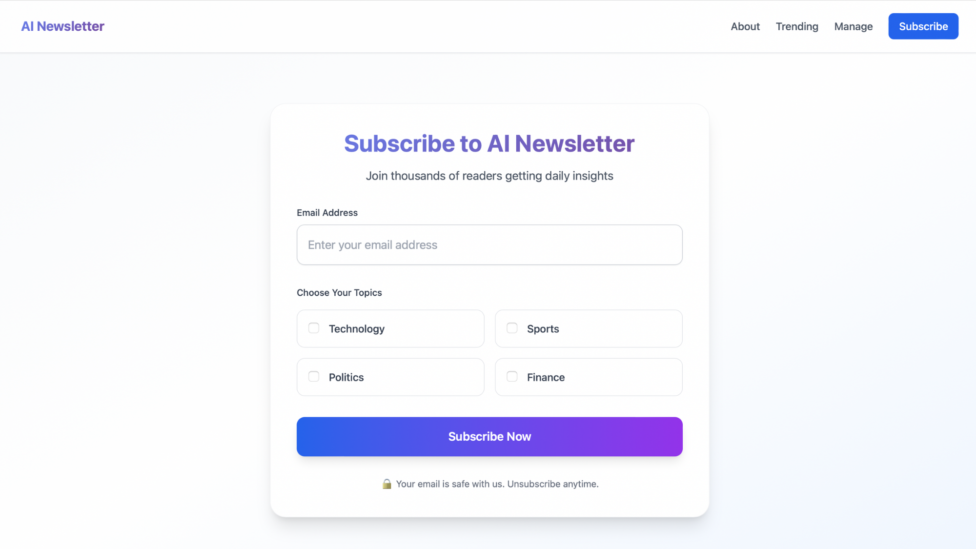 Subscription Page – Topic Selection